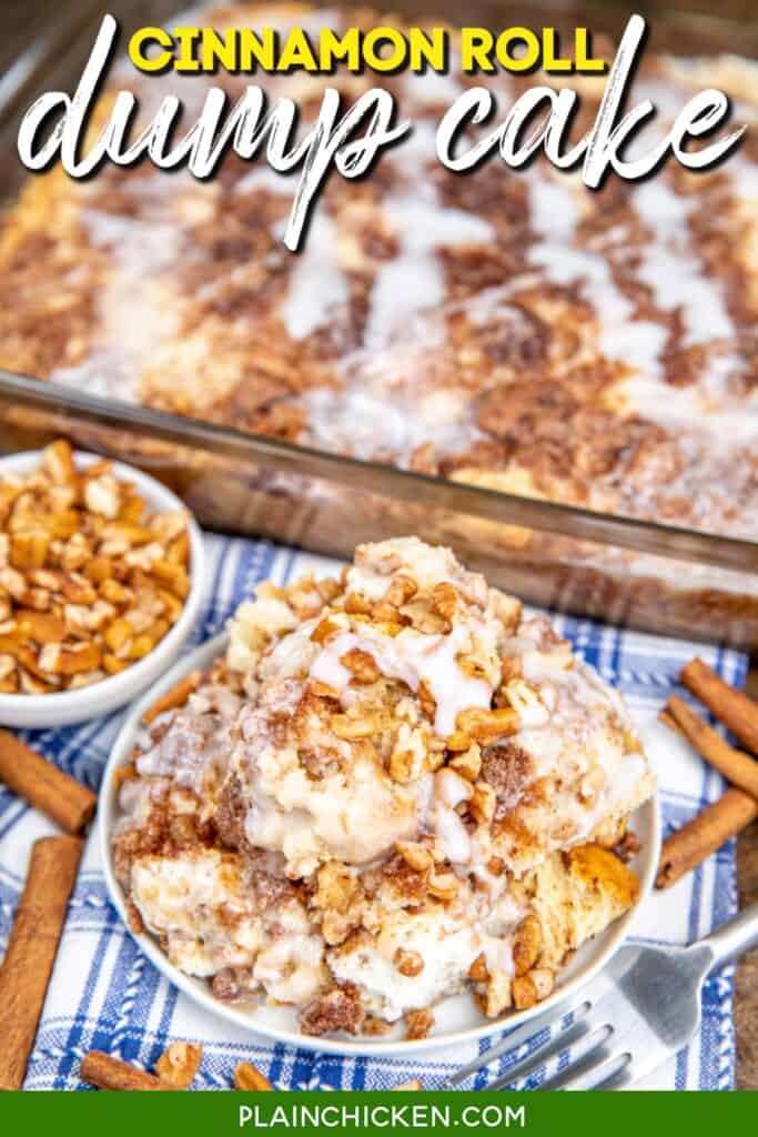 plate of cinnamon roll dump cake on a tablecloth with text overlay