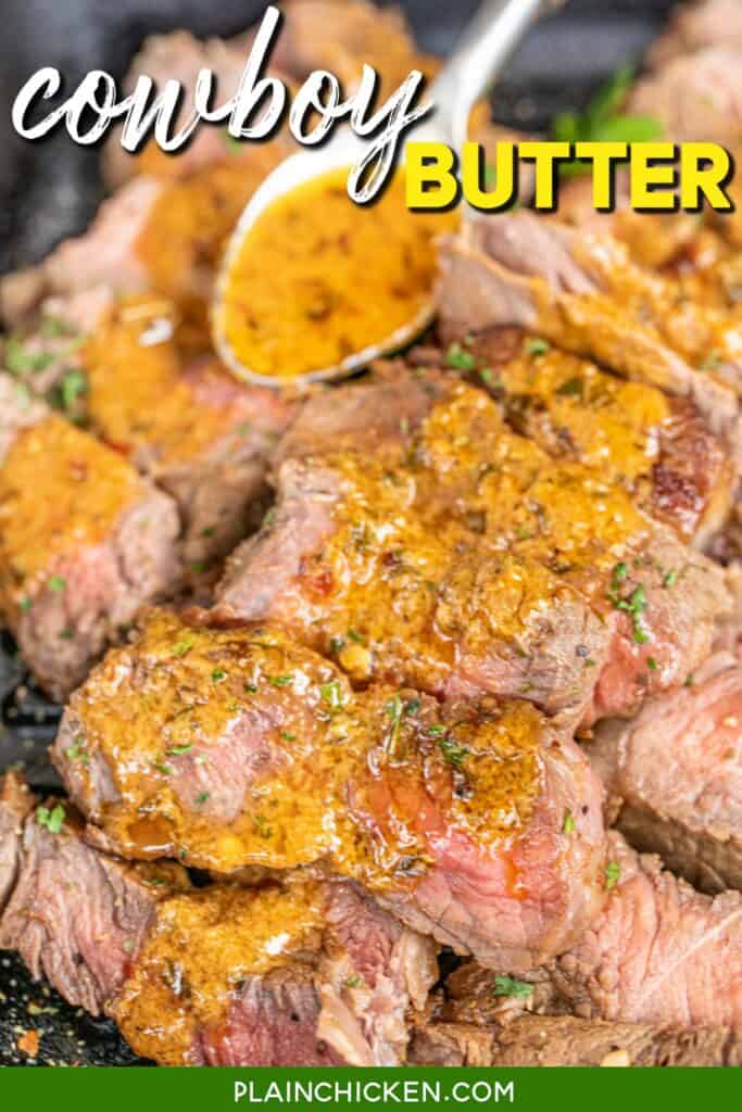 pouring butter sauce over cooked steak slices with text overlay