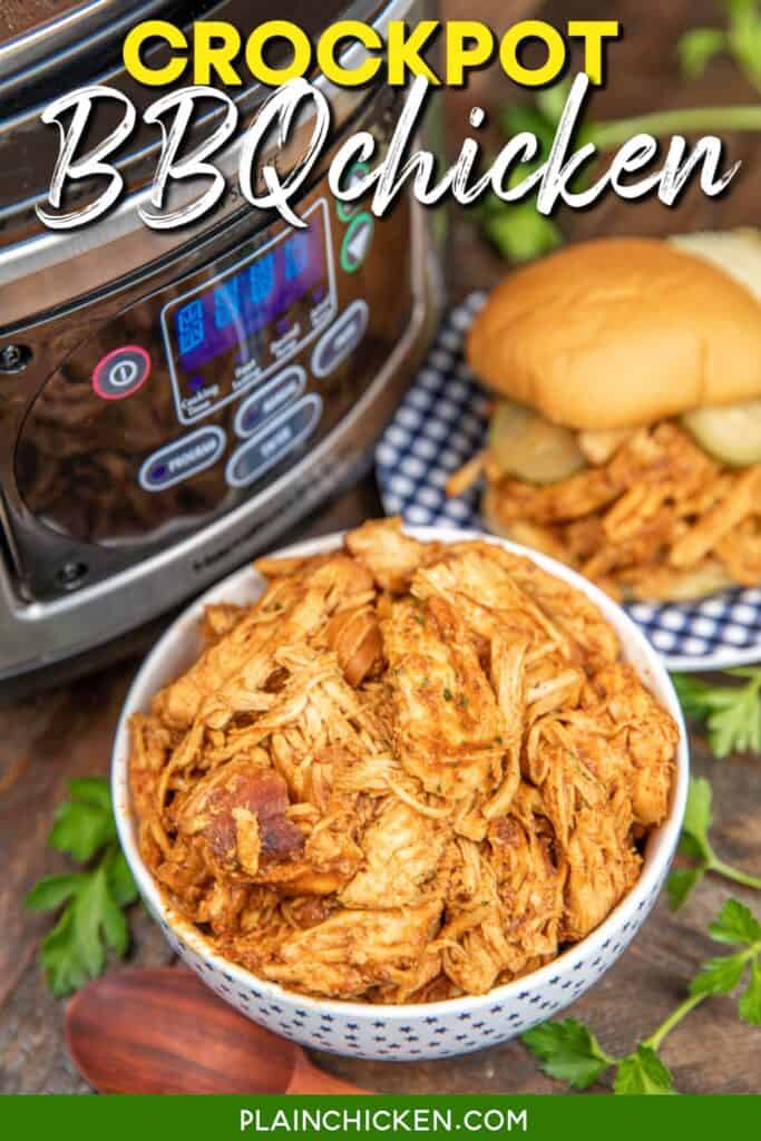 bowl of shredded bbq chicken on a table with text overlay