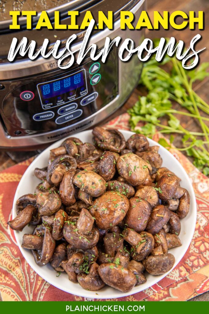 bowl of mushrooms in front of a slow cooker with text overlay