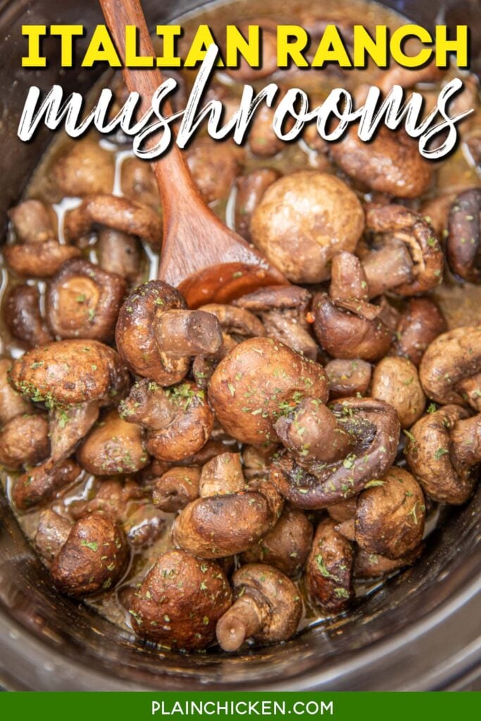 stirring mushrooms in a crockpot with text overlay