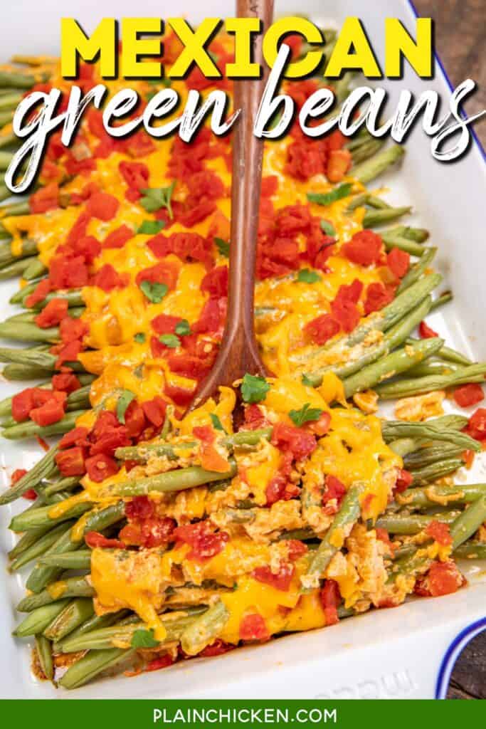 scooping rotel and cheese baked green beans from baking dish with text overlay