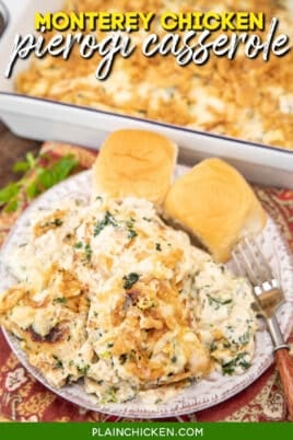 plate of chicken and spinach pierogi casserole with text overlay