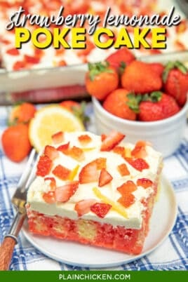 slice of strawberry lemon cake on a plate with text overlay