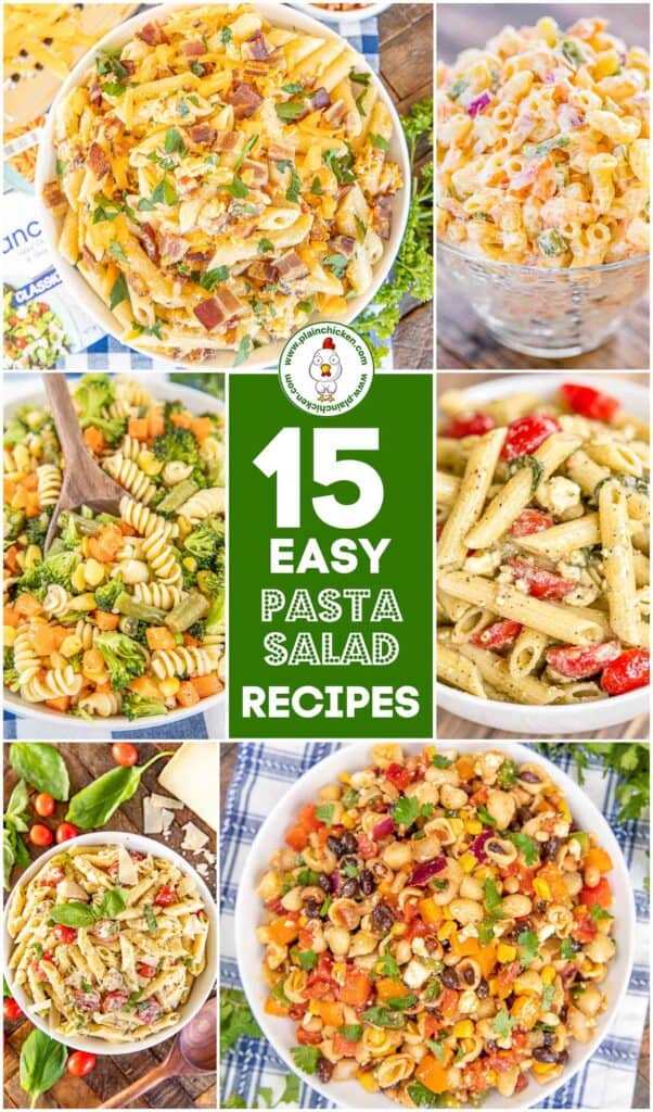 collage of 6 pasta salad photos with text overlay