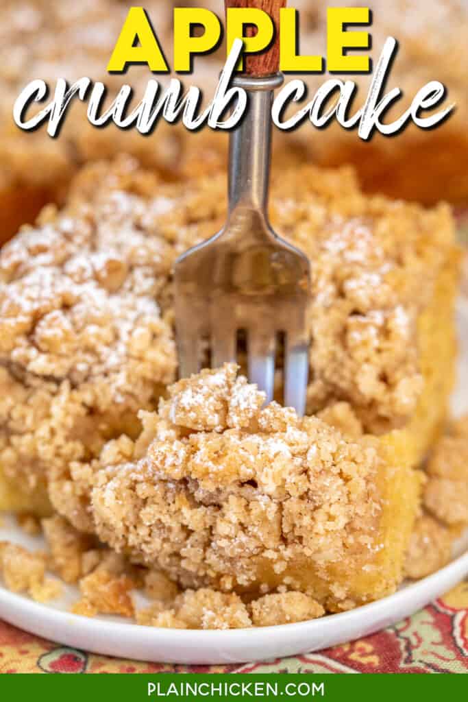 a fork going into a slice of crumb cake on a plate with text overlay