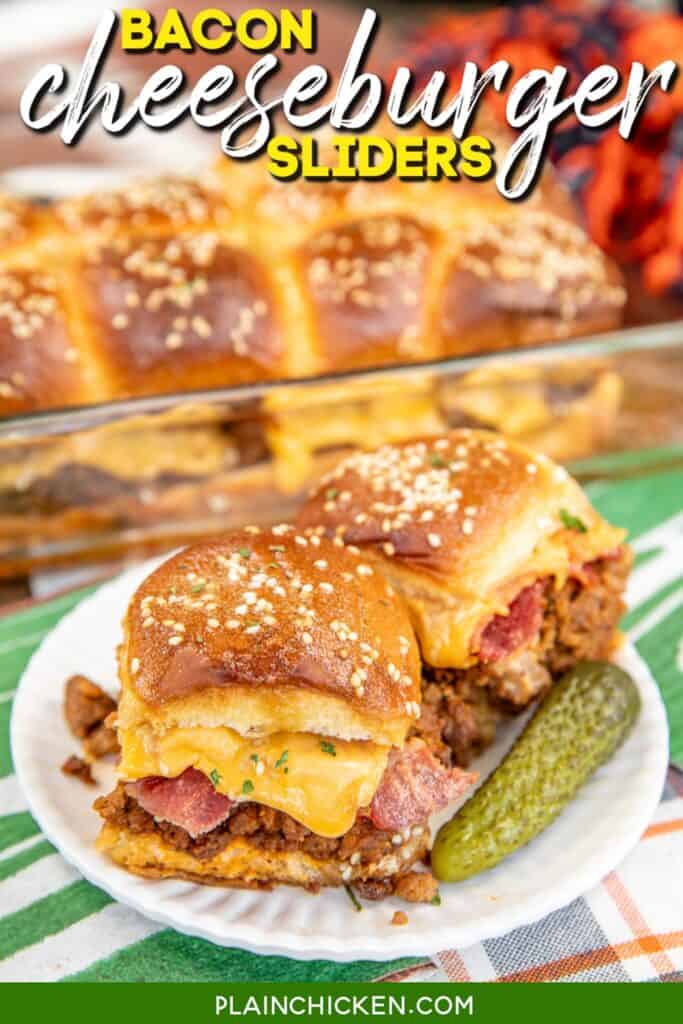 cheeseburger sliders on a plate with text overlay