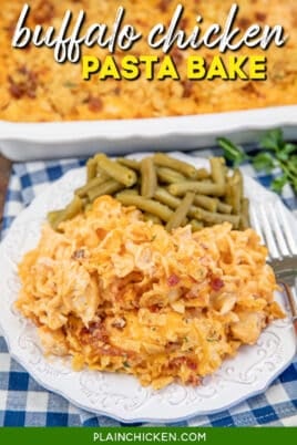 plate of buffalo chicken pasta with text overlay