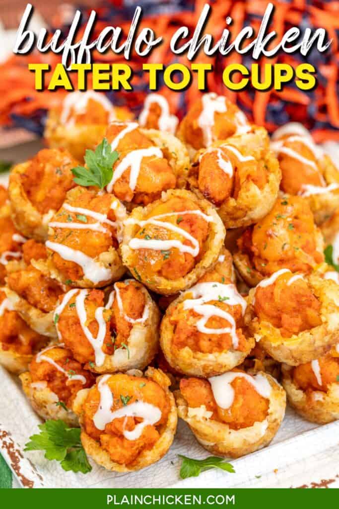 platter of buffalo chicken tater tot cups with text overlay