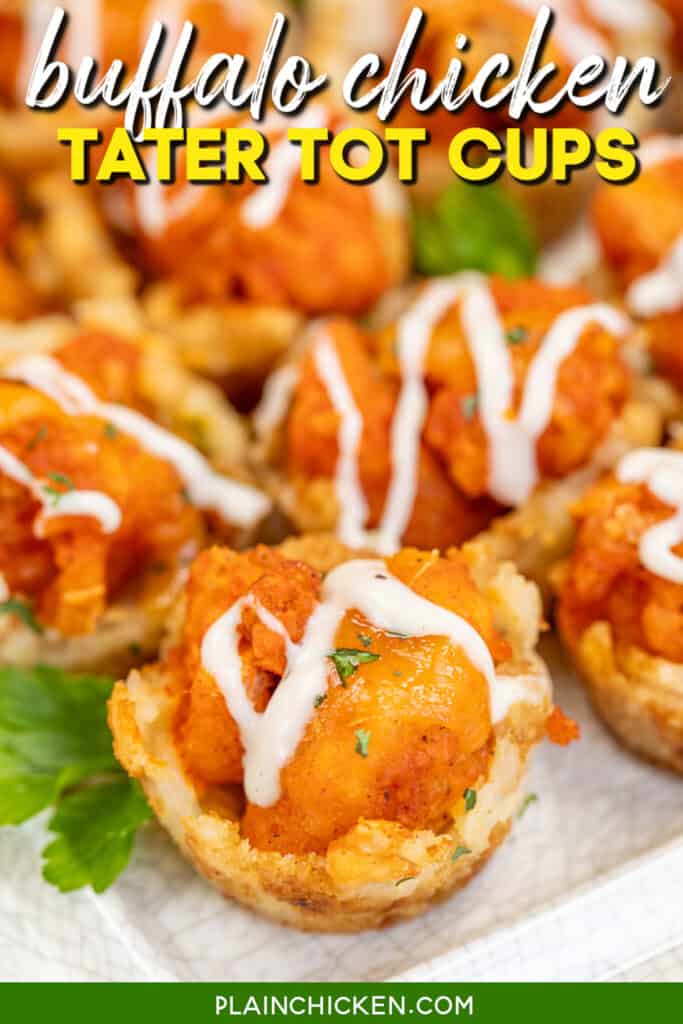 platter of buffalo chicken tater tot cups with text overlay
