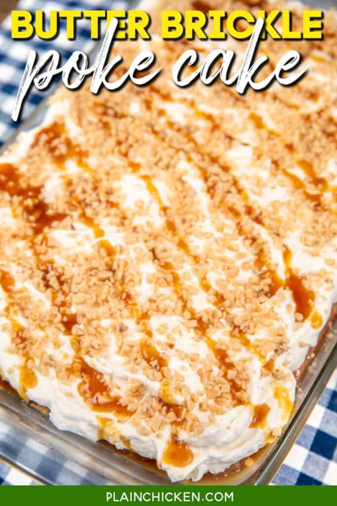 toffee cake in a baking dish on a blue checked tablecloth with text overlay