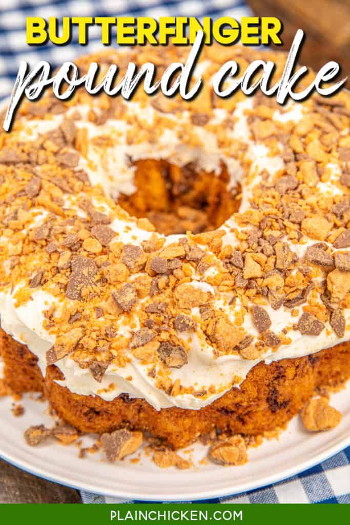 whole butterfinger pound cake on a plate with text overlay