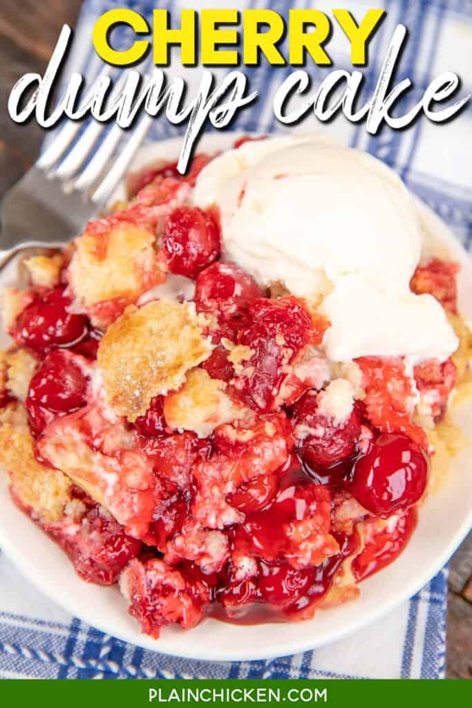 plate of cherry dump cake topped with ice cream with text overlay