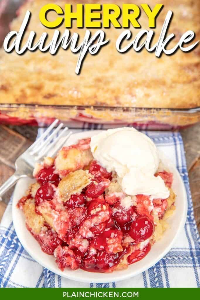 plate of cherry dump cake topped with ice cream with text overlay