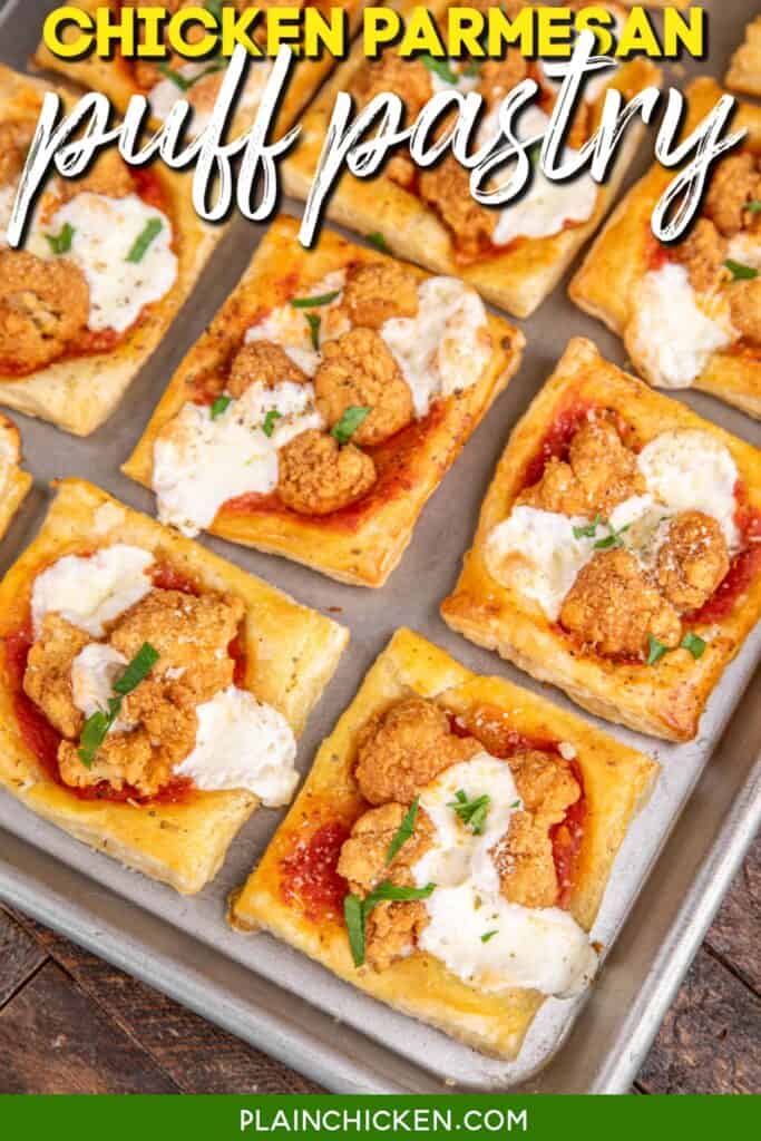 chicken parmesan puff pastry bites on a baking tray with text overlay