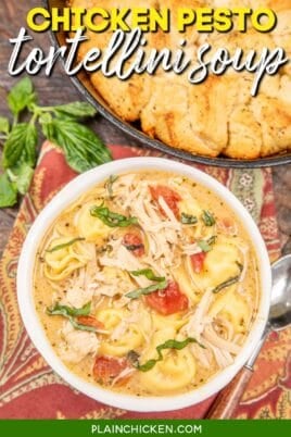 bowl of chicken tortellini soup topped with basil with text overlay