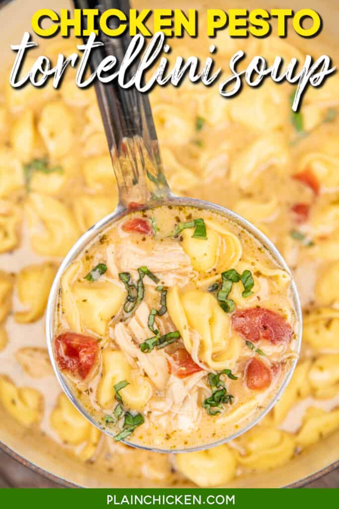 ladle of chicken tortellini soup topped with basil with text overlay
