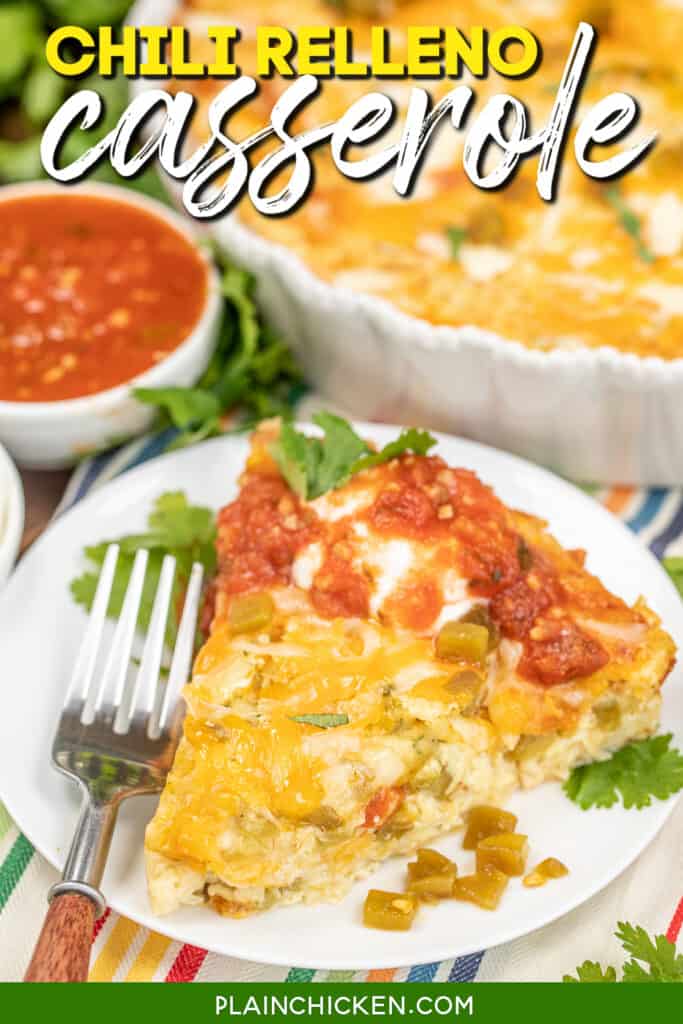 slice of chili relleno casserole on a plate with text overlay