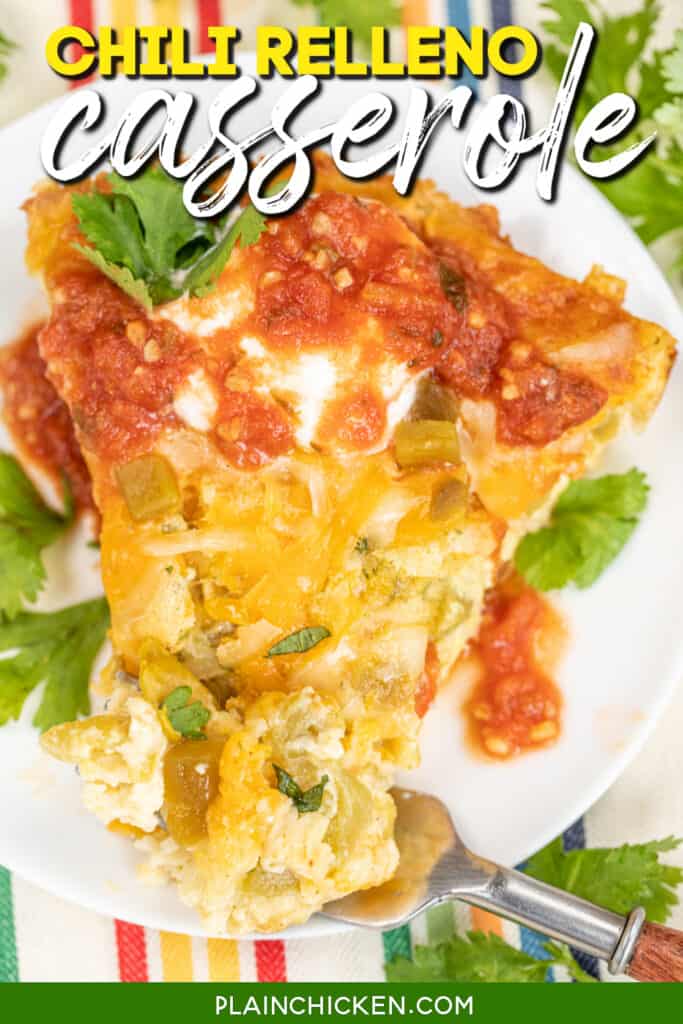 cutting into a slice of chili relleno casserole on a plate with text overlay