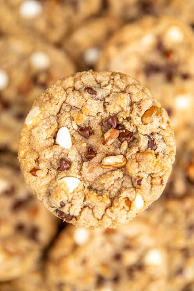 closeup of a chocolate chip and pecan cookie
