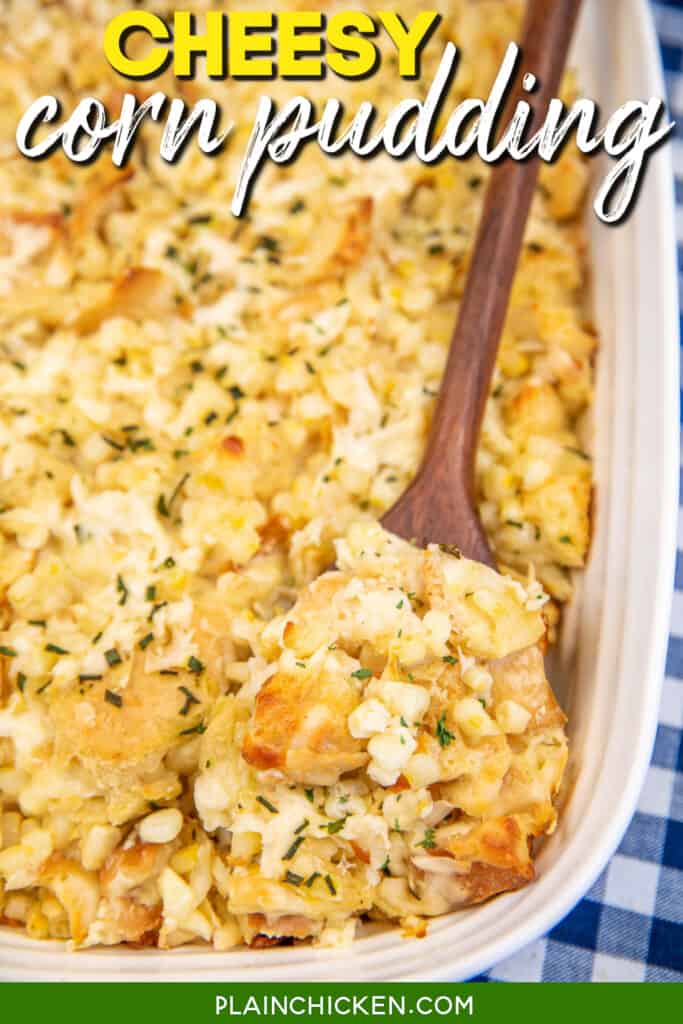 scooping corn casserole from baking dish with text overlay