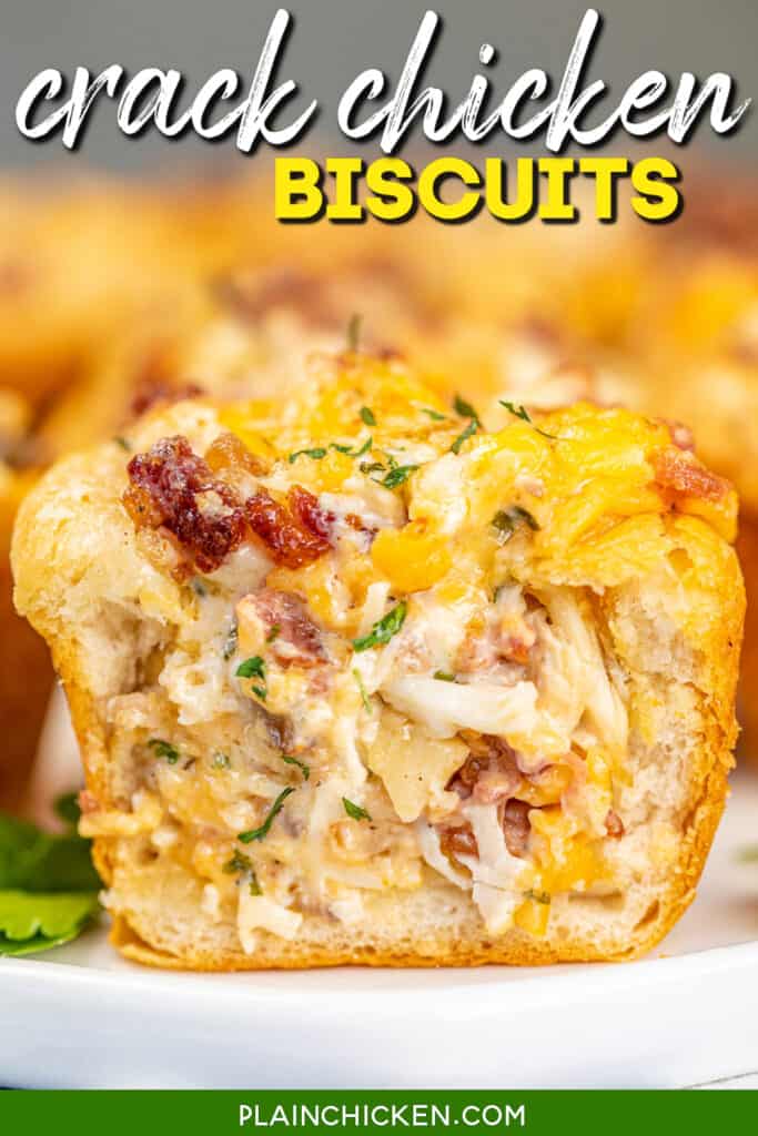 cross-section of crack chicken dip stuffed biscuit on a platter with text overlay
