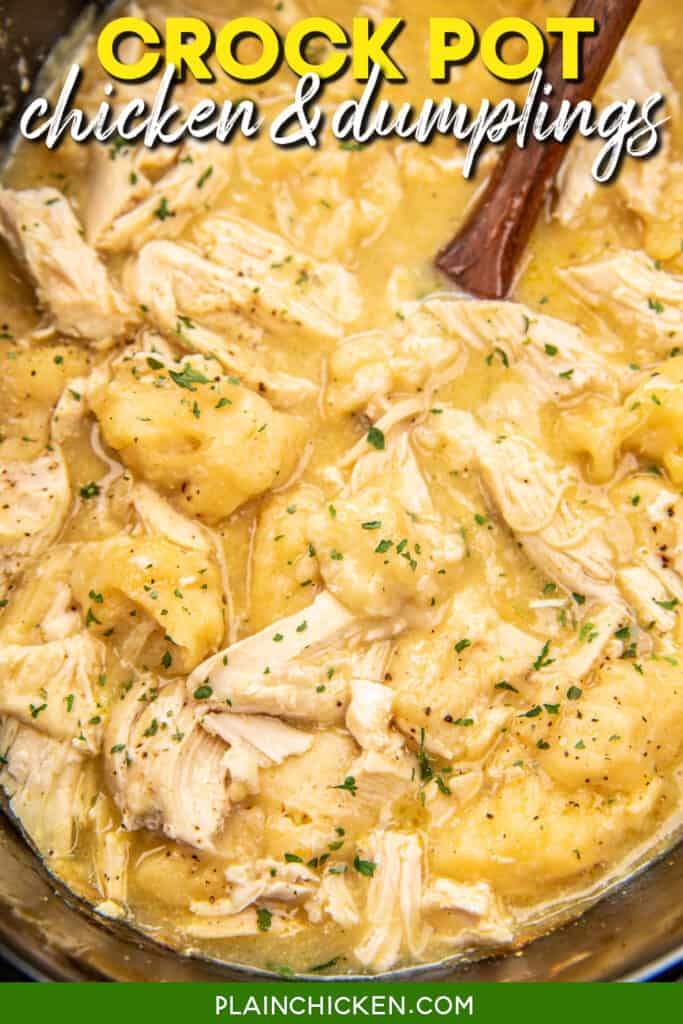 scooping chicken and dumplings from crock pot with text overlay