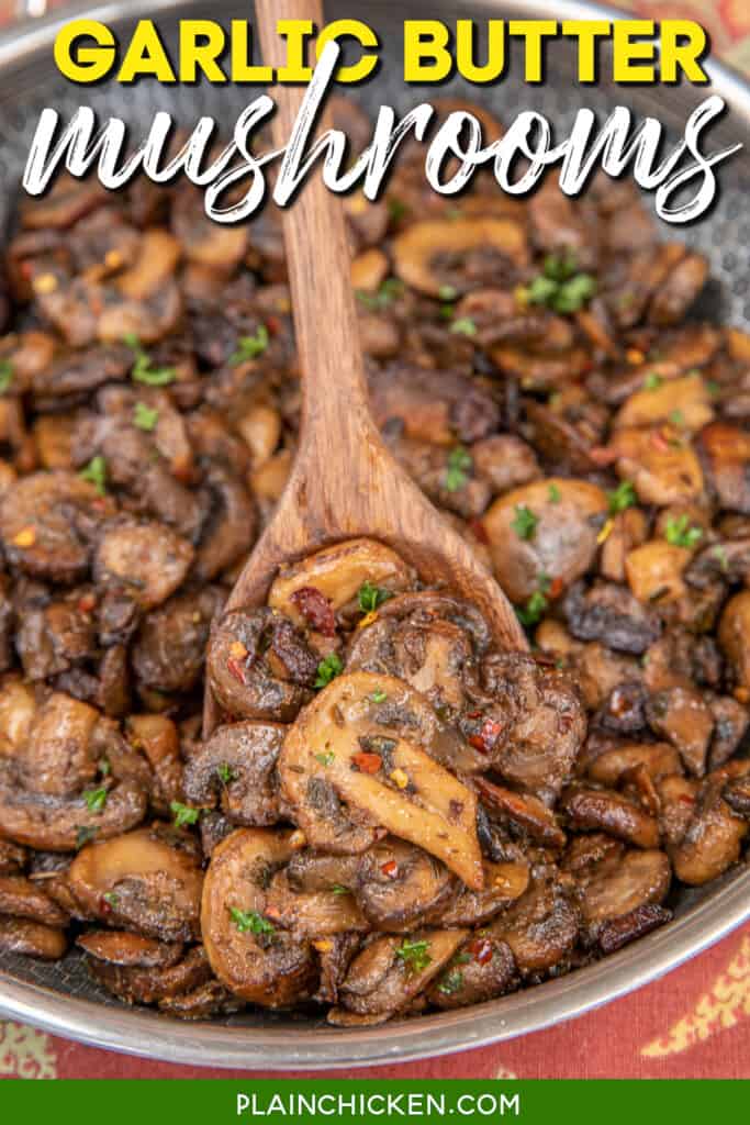 scooping mushrooms from skillet with text overlay