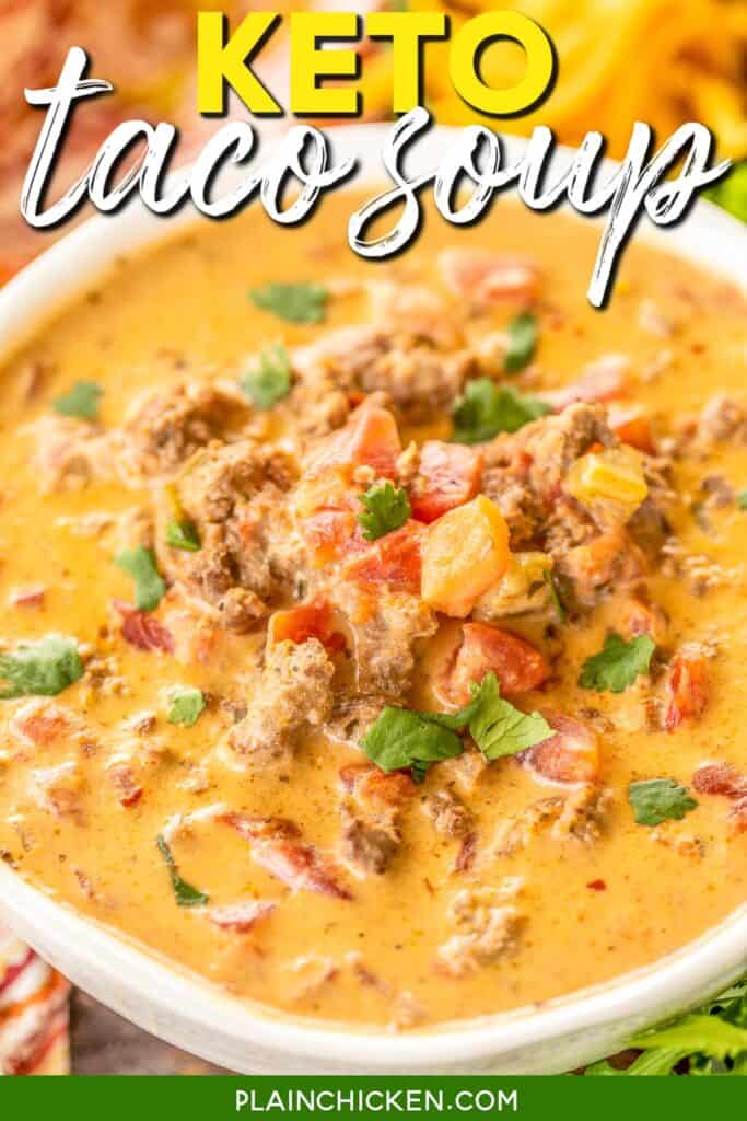 bowl of taco soup with text overlay