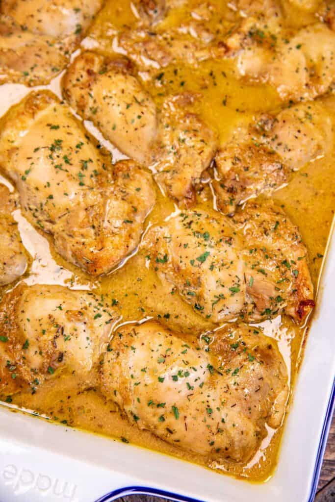baking dish of dijon mustard baked chicken thighs