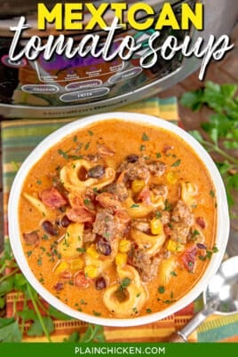 bowl of mexican tomato soup with tortellini in front of a crockpot with text overlay