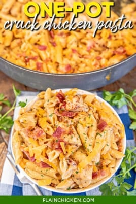 bowl of chicken bacon pasta with text overlay