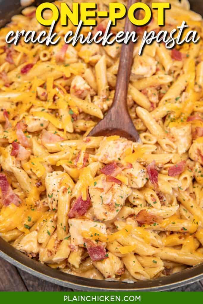 scooping crack chicken pasta from skillet with text overlay