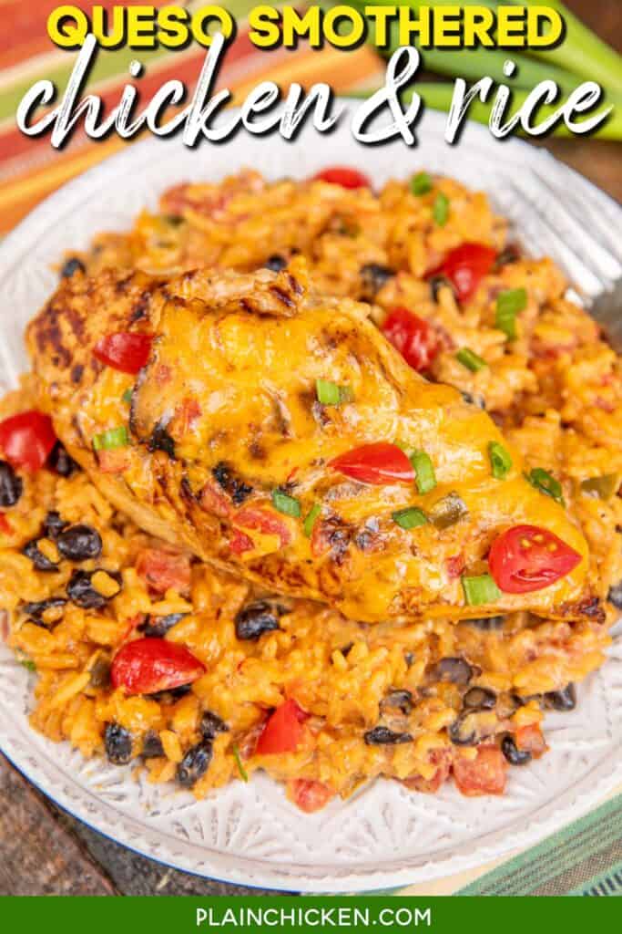 plate of mexican chicken and rice with text overlay