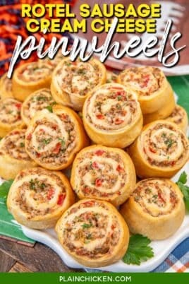 platter of rotel sausage pinwheels with text overlay