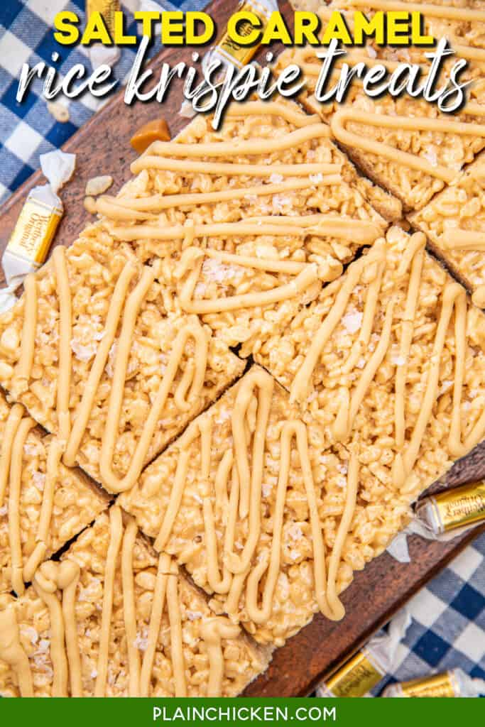 caramel rice krispie treats on a board with text overlay