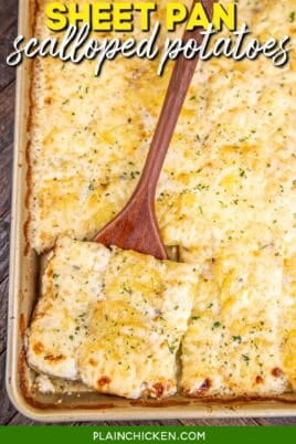 scooping scalloped potatoes from a sheet pan with text overlay