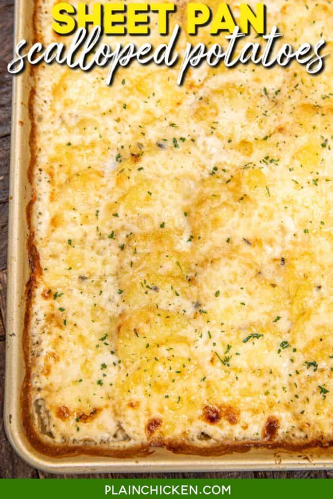 sheet pan scalloped potatoes with text overlay