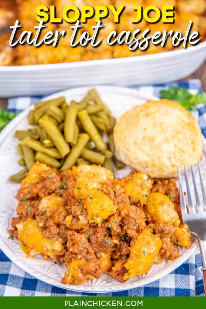 plate of tater tot sloppy joe casserole with text overlay