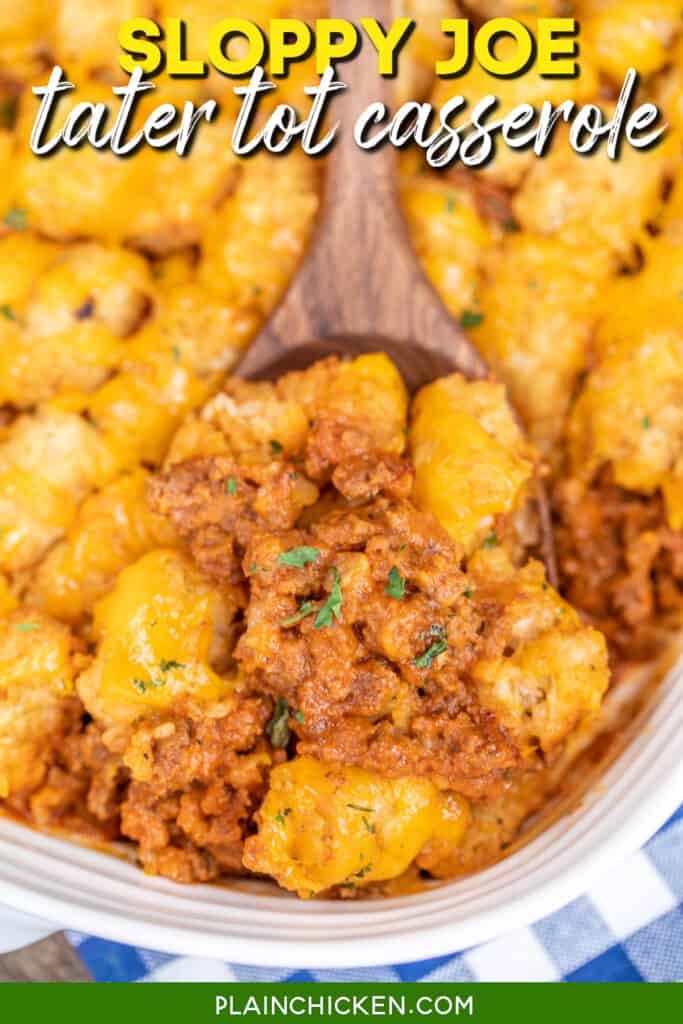 scooping tater tot casserole from a baking dish with text overlay