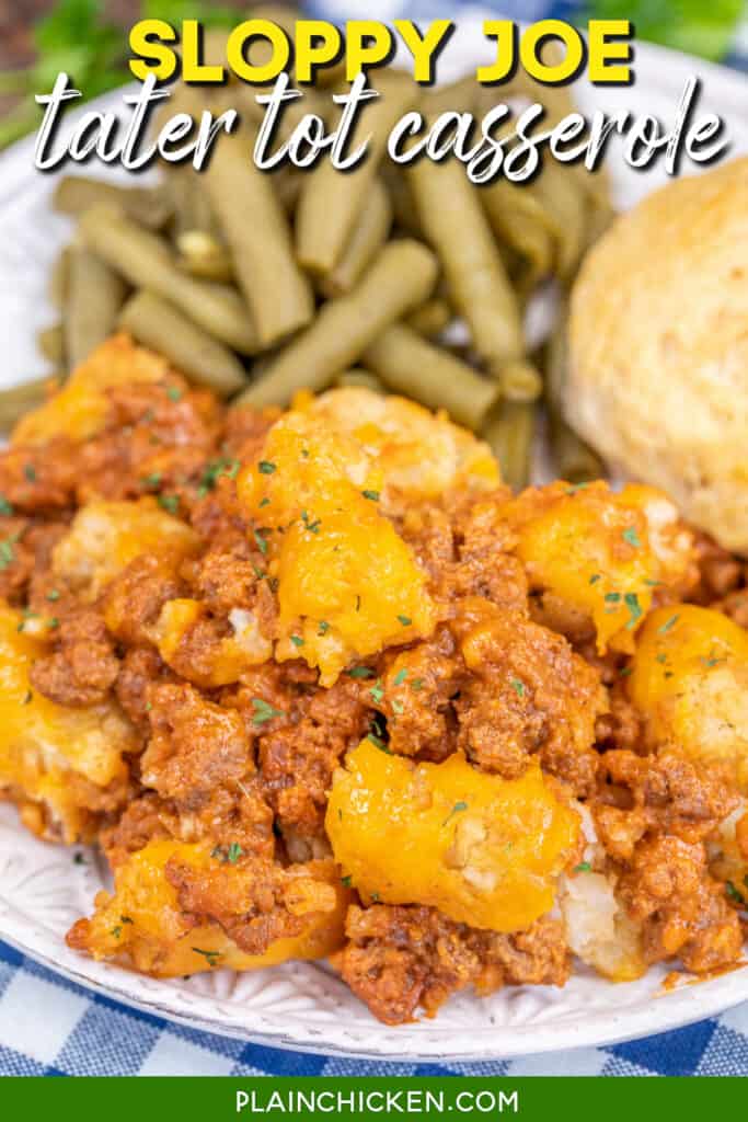 plate of sloppy joe tater tot casserole with text overlay