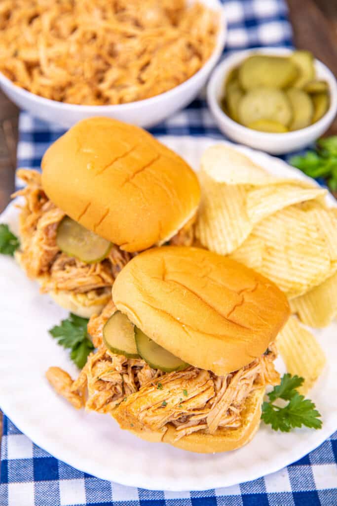 plate of 2 pulled chicken sandwiches