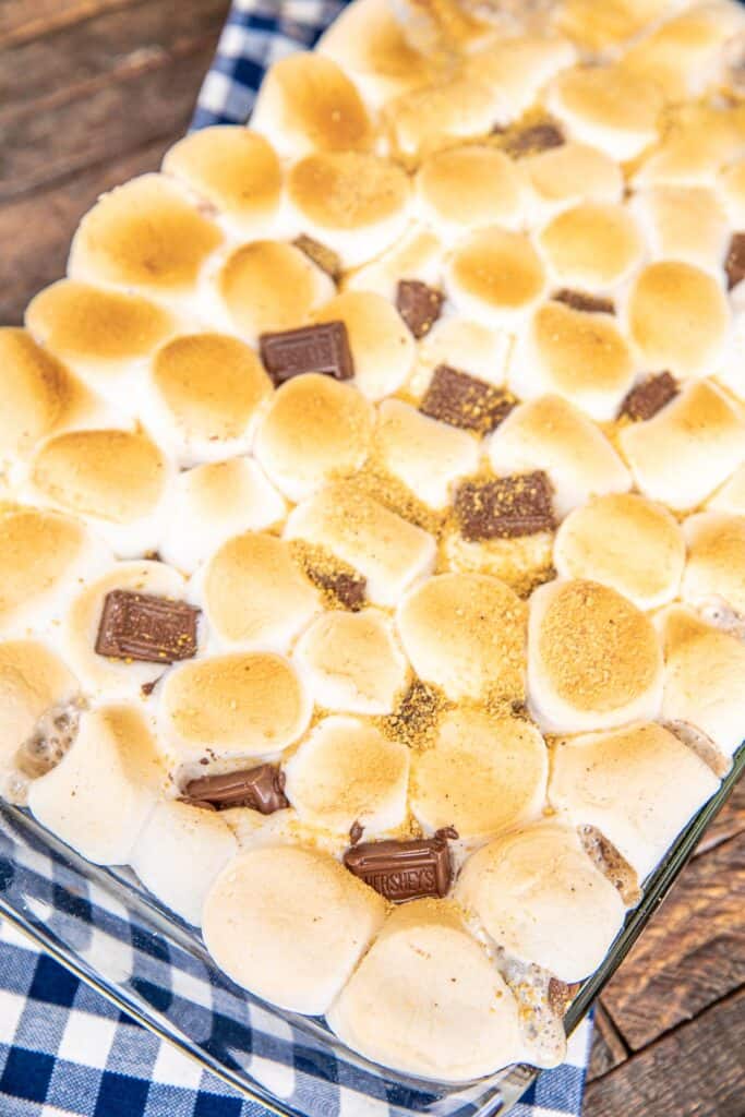 baking dish of smores cake on a blue checked tablecloth