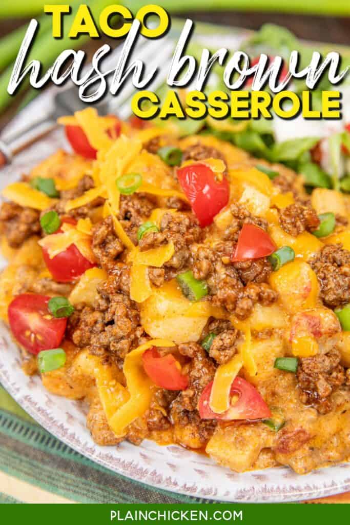 plate of taco hash brown casserole with text overlay