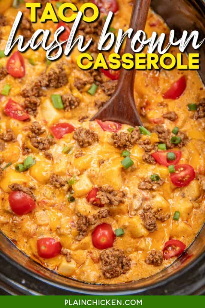 scooping mexican hash brown casserole from crockpot with text overlay