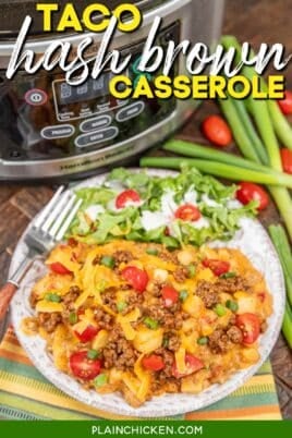 plate of taco hash brown casserole with salad in front of a slow cooker with text overlay