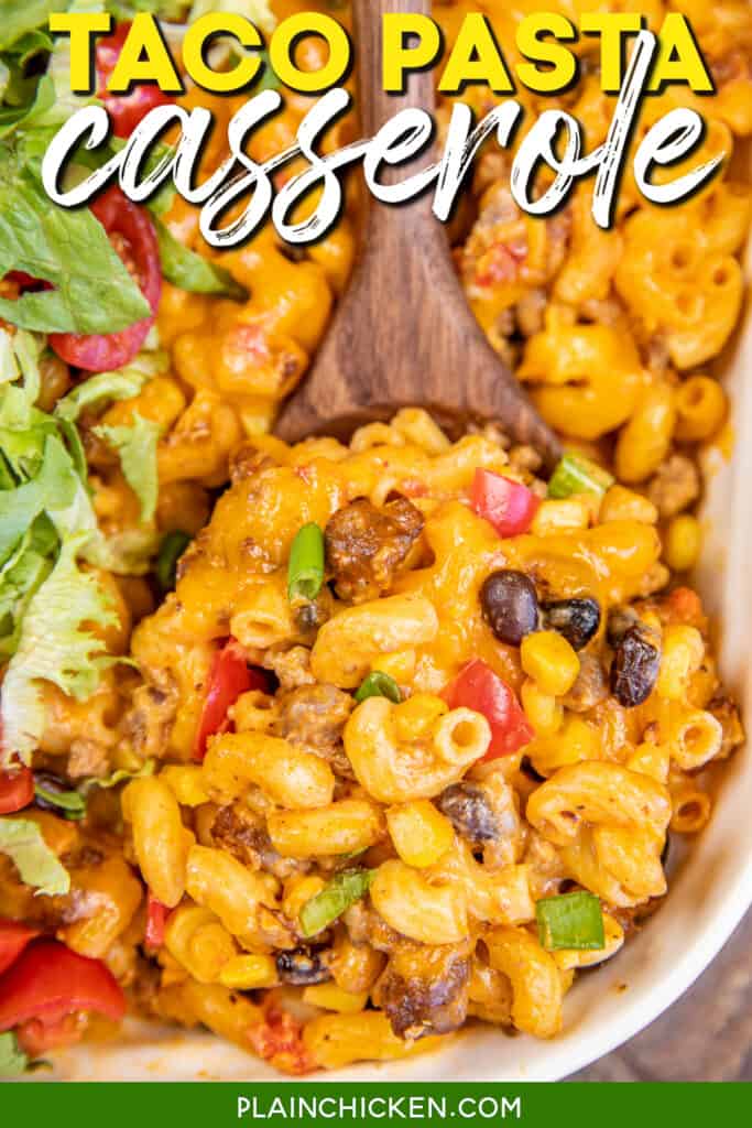 scooping taco pasta from baking dish with text overlay