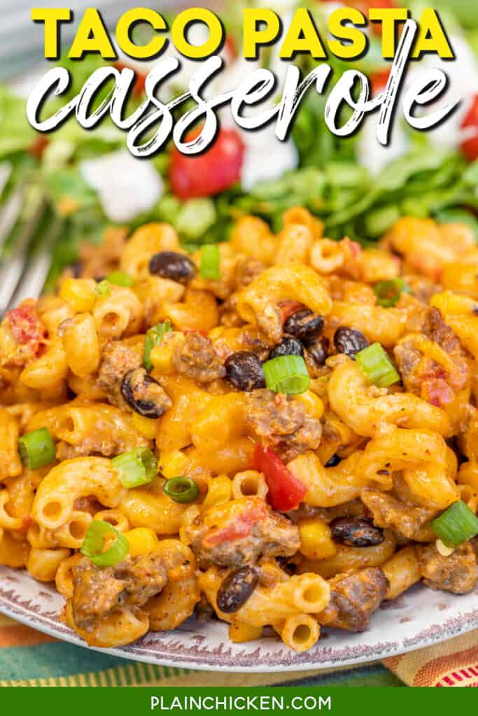 plate of taco pasta with text overlay