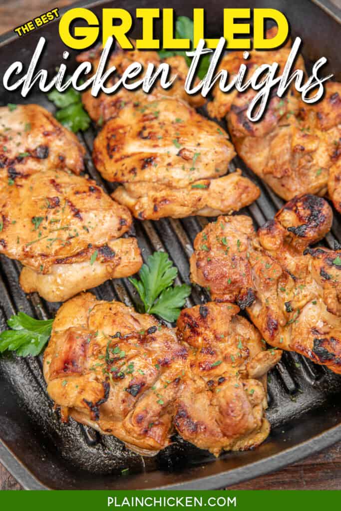 grilled chicken thighs in a grill pan with text overlay