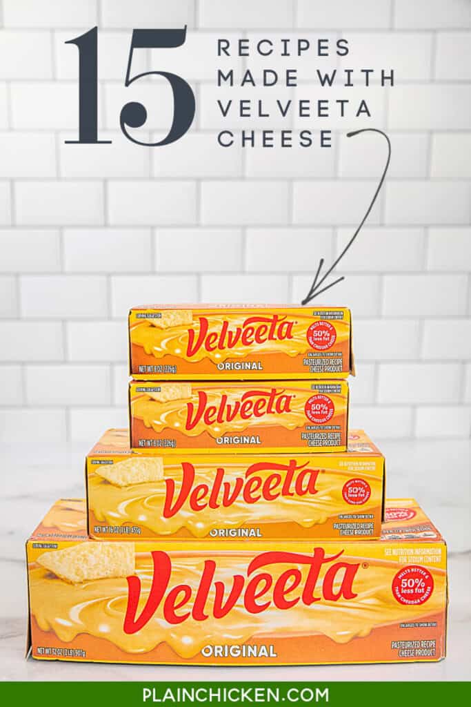 4 blocks of velveeta cheese stacked on the countertop with text overlay